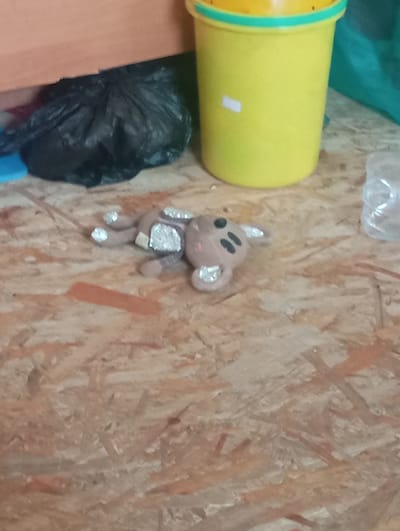 A brown teddy bear with glitter accents lies on a particleboard floor. In the background, a yellow bucket with a green rim and a black garbage bag are visible. A plastic bottle is also present to the right of the teddy bear. The scene appears to be an indoor setting. The location is Koçkor-Ata, Kyrgyzstan.