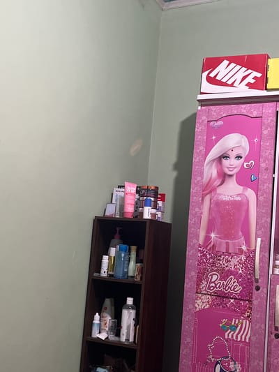 This media file displays a close-up of a pink Barbie-themed toy chest or cabinet, featuring a large illustration of Barbie with blonde hair and a sparkly pink dress. The Barbie's eyes are blue, and she has a pink dot on her forehead. To the left of the Barbie illustration, a red Nike shoebox with the iconic white Nike logo is visible.
Below the toy chest, a dark brown shelf unit is filled with various bottles and tubes, appearing to be personal care or beauty products. Some of these items are partially obscured. Visible text on the shelf includes "GLOW IT UP," "mini-PA," and "POWER."
The background is a plain, light green wall, suggesting an indoor setting. The lighting appears to be artificial. No specific time of day or weather conditions are indicated. The scene is static, with no apparent activity taking place beyond the items being stored. The overall impression is one of organized storage of toys and personal care items. The location context is Pasir Gadung, Indonesia.