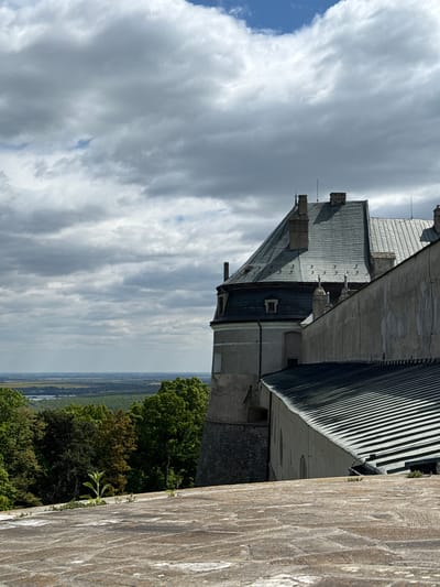 The image, correctly oriented, presents an elevated view showcasing a segment of a historic building and a sprawling natural landscape beneath a dynamic sky.
In the right foreground, a rugged, textured stone wall, possibly part of a fortress or a large building's exterior, is prominently featured. Small green plants and foliage are seen growing from crevices in this wall.
To the left and extending into the midground, a substantial and intricately designed building is visible. Its dark, multi-pitched roof, likely made of slate or metal tiles, is a focal point, adorned with several prominent chimneys, small dormer windows, and slender lightning rods. The building's walls appear to be made of light-colored stone or stucco.
Beyond these structures, a panoramic landscape unfolds, stretching towards the distant horizon. This area is characterized by dense green forests and open fields, with what appears to be a river or stream winding through the lower plains.
The sky above is a mix of scattered, voluminous grey and white clouds, interspersed with clear patches of blue. The lighting indicates it is daytime. There are no people or specific activities depicted. The architecture suggests a European castle or a grand historical estate. Given the location context of Častá, Slovakia, the building is consistent with features of Červený Kameň Castle. No visible text is present in the media.