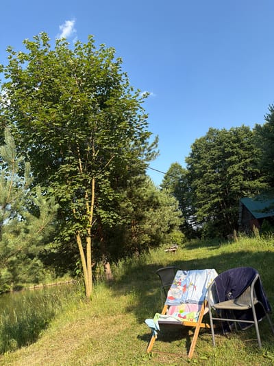 The image depicts a serene outdoor scene with a focus on nature and relaxation. The foreground features two chairs on a grassy area. One is a wooden deck chair draped with a colorful towel depicting cartoon characters, and another towel is draped over a metal-framed chair to its right. Behind the chairs, a calm body of water, possibly a lake or pond, is visible, bordered by tall grass and reeds.
The background is dominated by lush greenery. A prominent tree with dense foliage stands to the left, casting a shadow. To the right of this tree, more mature trees, including pine trees and deciduous trees, form a dense forest. In the far right background, a rustic wooden building with a green roof can be seen, suggesting a rural or recreational setting. The sky is a clear, bright blue with a single, small white cloud.
The image appears to be taken during daylight hours, with the sun illuminating the scene and creating dappled shadows. The overall atmosphere is peaceful and idyllic, evoking a sense of summer leisure and natural beauty. Given the context provided, this scene is situated in the city of Kamianka-Buzka, Ukraine.