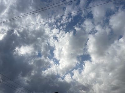 The image shows a cloudy sky with some blue patches visible. Power lines stretch across the frame from left to right. The clouds are a mix of dark and light gray, with some areas appearing bright white as if illuminated by sunlight. The overall impression is of an overcast day, possibly before or after rain. The scene is set outdoors, with the sky filling the majority of the frame. No people or specific objects are clearly identifiable, aside from the power lines. The location is specified as Ban, Nigeria.