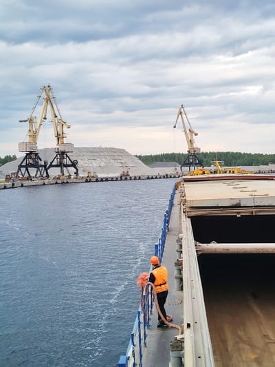A worker in an orange safety vest and hard hat stands on the deck of a large cargo ship, holding a thick rope. The ship is docked at a port with a long pier. On the pier, two large yellow cranes are positioned next to enormous piles of light-colored gravel or sand. Behind the piles of aggregate, a dense green forest borders the port. In the distance, another, slightly smaller crane is visible. The sky above is filled with dramatic, cloudy formations. The water is dark blue and appears choppy. The scene suggests industrial activity, likely related to bulk material handling at a port. The worker's stance and the rope imply preparation for or completion of docking or loading/unloading operations.