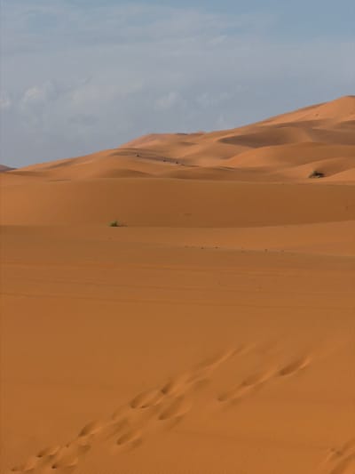 The image depicts a sand dune in Et-taous, Morocco. The dune is light brown and textured with ridges and tracks, likely from footsteps. There are a few sparse patches of vegetation on the dune. A pale blue sky with faint clouds is visible behind the dune. The orientation of the image is vertical.
