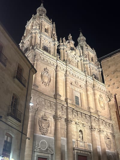 The image displays the illuminated Baroque facade of the Clergy of the Pontifical University of Salamanca at night, situated in Salamanca, Spain. The central and dominant subject is a grand stone building, ornately decorated with multiple tiers of engaged columns featuring Corinthian capitals, intricate sculptural reliefs, and prominent coats of arms. Several arched and rectangular windows are visible across its surface, along with at least one niche containing a robed statue near the base of the facade. Two elaborately decorated bell towers, capped with domes and finials, rise towards a dark, clear night sky. The entire structure is bathed in warm, artificial light originating from below, highlighting its architectural details. To the immediate left, a portion of a separate building, constructed of lighter stone, features windows with black wrought-iron balconies. At its ground level, a faint sign with "ARMA" and partial text is visible. On the far right, a section of the Casa de las Conchas is discernible, characterized by its distinctive shell-shaped carvings embedded into its stone exterior. No people or active interactions are present in the scene.