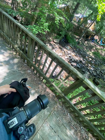 This media file depicts a wooded area with a shallow stream flowing through it, viewed from a wooden boardwalk or deck. The scene is set in Washington Township, USA. Sunlight filters through the dense green foliage, suggesting a warm, possibly humid, day. The stream bed is filled with rocks and pebbles, with water flowing gently over them.
On the boardwalk, a person's hand with red nail polish is visible, holding a black bag. Next to the bag is a Canon camera with a lens attached. The lens has text indicating the focal length range: "18-24-35 50 70 150". The camera also has various buttons and a dial with settings such as "M-Fn", "ON", "OFF", "LOCK", and mode selections like "Av", "Tv", "M", and "P".
In the background, more trees and vegetation are visible, with glimpses of what appear to be tents and a hammock strung between trees, hinting at a camping or outdoor recreational setup. The wooden railing of the boardwalk is weathered, and debris like twigs and leaves are scattered on the wooden surface. The overall impression is of a tranquil, natural setting where someone is engaged in photography or preparing for an outdoor activity.