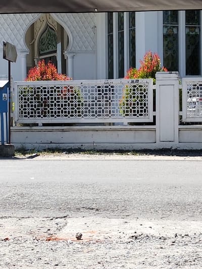 A white building with arched windows and decorative trim sits behind a white fence with a geometric pattern. Red-leaved bushes are visible behind the fence. A road in shades of gray runs across the bottom of the frame, with a rock and reddish debris in the foreground. A blue mailbox is partially visible on the left.