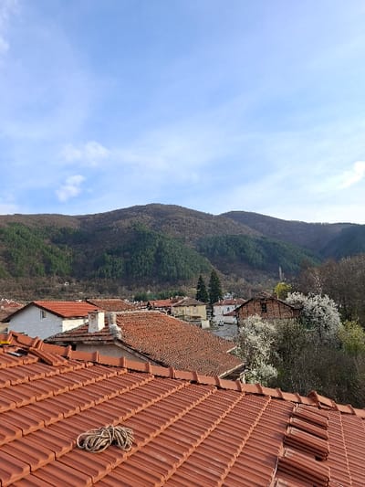 The image presents an elevated view over a section of Krupnik, Bulgaria, under a partially cloudy blue sky. In the foreground, the reddish-orange terracotta tiles of a pitched roof are visible, with a coiled natural fiber rope placed centrally on the tiles. To the right, a small stack of loose terracotta tiles rests on the roof. The midground features a cluster of village houses with predominantly reddish-orange tiled roofs and varying wall facades, including white, beige, and one building displaying exposed dark timber framing. Several chimneys are visible above the rooftops. The landscape includes deciduous trees, some bare, others beginning to show green foliage, and multiple trees covered in dense white blossoms, suggesting late winter or early spring. The background is dominated by a range of mountains covered with a mix of evergreen and bare deciduous trees, extending across the horizon. No individuals, animals, or vehicles are discernible within the scene.