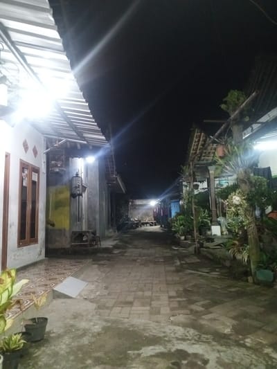 The image depicts a dimly lit alleyway at night, likely in a residential area of Patrang, Indonesia. The scene is characterized by narrow buildings on either side, with overhanging roofs and exposed beams. The ground is paved with interlocking bricks, some of which appear wet and reflective, suggesting recent rain or damp conditions.

On the left side of the alley, a building with a white, textured exterior is visible. It features a large window with wooden frames and glass panes. Above the window, diamond-shaped decorative elements are present. Adjacent to this building, there is a birdcage hanging from the roof, containing what appear to be two birds. Further down, another birdcage is visible, also with a bird inside. A broom leans against the wall.

The right side of the alley is lined with a variety of potted plants, creating a natural, overgrown feel. These plants range in size and type, with some hanging from structures and others placed on the ground. A thick tree trunk stands prominently in the foreground, draped with more plants. The buildings on this side are partially obscured by vegetation, but glimpses of wooden structures and what might be doors can be seen.

A light source, likely artificial, illuminates parts of the alley, creating bright streaks and reflections. The overall atmosphere is quiet and still, evoking a sense of nighttime tranquility. There are no people visible in the image. The time of day is clearly night, and the presence of water on the ground suggests it might be humid or has recently rained. The architecture and the presence of plants are indicative of a tropical or sub-tropical location, consistent with the provided location context of Patrang, Indonesia. No visible text is present in the image.