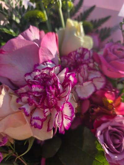This is a close-up, eye-level, vertical shot of a bouquet of pink and purple flowers. The flowers are in sharp focus in the foreground and middle ground, with the background blurred and out of focus. The bouquet appears to be in a floral arrangement or a gift. The lighting suggests it is daytime, possibly outdoors, with sunlight casting shadows and highlighting the petals. There are no people visible in the image. The image does not provide any information about the location of the city of Duluth, United States.
