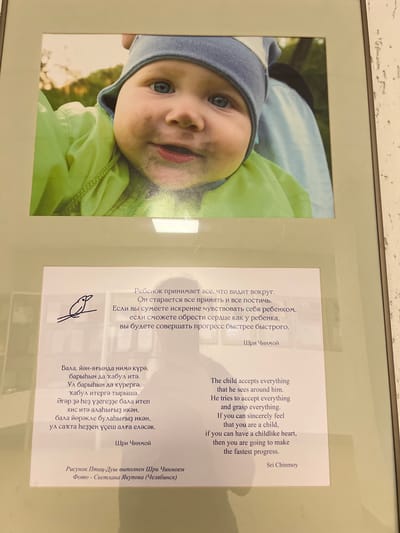 The image is a framed picture hanging on a textured white wall. The picture features a close-up photograph of a young child with blue eyes, wearing a blue hat and green jacket. To the right of the child's photo is text in Russian and English. The text is a quote by Sri Chinmoy about a child's perspective and the ability to make progress by having a childlike heart. Below the text is a drawing resembling a bird and more text identifying the drawing as being by Sri Chinmoy and the photograph as being taken by Svetlana Yakupova from Chelyabinsk. The photo was taken in the city of Sanatoriya Yumatovo Imeni 15-Letiya Bassr, Russia.