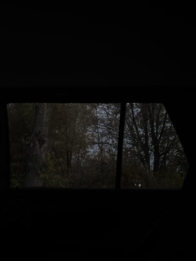 The image depicts a view through a dark, angular opening, likely a window or a slit in a structure. The scene outside is a forest or wooded area at dusk or dawn, with the sky visible through the trees. The light is dim, suggesting low light conditions. The trees are bare or sparsely leaved, indicating autumn or winter. There are no people, animals, or man-made structures visible in the depicted landscape. The location is specified as Akhuryan, Armenia, though there are no visual cues in the image to confirm this specific location beyond the information provided. The foreground is predominantly black, obscuring the immediate surroundings of the viewer.