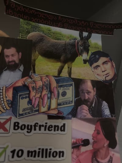 A multi-component collage is displayed in the city of Albi, France. At the top, a curved banner featuring red Georgian script is partially visible. Directly below, a photograph depicts a brown donkey with a red halter, standing in a green field with distant foliage. Overlapping the donkey image on the right is a cutout headshot of a man with dark hair and a cigarette in his mouth, resembling actor Cillian Murphy. To the left, a portrait photo shows a bearded man with dark hair, wearing a light-colored shirt and a dark jacket, looking towards the viewer. Below this portrait, an illustration presents a light-skinned hand with long, pink-painted fingernails, multiple gold-colored rings, and visible tattoos, gripping a stack of U.S. dollar bills. A gold-colored bracelet is visible on the wrist. Below the dollar illustration, a photograph displays another bearded man with clasped hands, wearing a plaid shirt and a dark vest. In the bottom left, two white adhesive labels are present: one reading "Boyfriend" next to a partially visible red 'X' mark, and another reading "10 million" next to a partially visible green checkmark. To the bottom right, a cropped photograph shows a woman with dark hair, wearing a necklace and light attire, holding a microphone to her mouth as if singing, with a reddish tint to her skin.