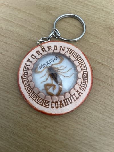 A circular keychain, featuring a preserved scorpion encased under a clear resin dome, rests on a light wood grain surface. The scene is located in the city of Newport, United Kingdom. The keychain's outer ring is constructed from light brown material, possibly leather or wood, detailed with raised dark brown text and a continuous Greek key pattern. The upper arc displays "TORREON", while the lower arc reads "COAHUILA". Inside the clear dome, situated above the scorpion, the word "MEXICO" is visible. The scorpion, appearing light brown to reddish-brown, is centrally positioned against a white backing. A silver-colored metal split key ring is attached to the top of the circular keychain by a smaller connecting ring. The wooden background exhibits subtle horizontal grain patterns. No people, actions, or interactions are present in the image.