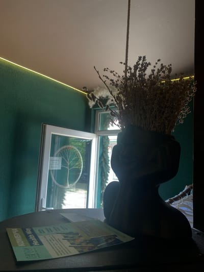 The image depicts an indoor commercial setting, likely a cafe or health-related establishment, located in Yasinia, Ukraine. In the foreground, a dark, stylized bust-shaped planter, resembling a human head and shoulders with a hand supporting the chin, holds a large arrangement of dried plants, including lavender, pussy willow branches, and fluffy seeds. To the left of the planter, on a dark tabletop, a brochure is visible, displaying Ukrainian text "ФІЗРУК КОМБУЧА" and "Health Way." The midground features a large, white-framed glass door or window with a circular "tree of life" design affixed to its surface, along with a small, illegible white notice. Beyond the glass, an outdoor scene with green foliage and what appears to be a dark green artificial pine garland is visible. The background reveals a textured dark green wall, bordered by a bright yellow-green LED strip light running horizontally near the white ceiling. No individuals are present, and no actions or interactions are depicted.