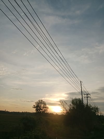 The image shows a rural scene in Cotentung, Indonesia at sunset. A field is visible in the foreground, with trees and vegetation obscuring some of the view. In the middle distance, the setting sun is partially obscured by the trees, creating a silhouette effect. Power lines run diagonally across the frame, attached to a utility pole in the midground. The sky is cloudy, with the sunset casting a warm glow on the clouds. No people are visible in the image.