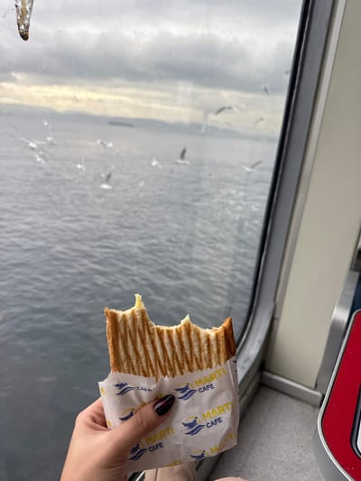 The image captures a first-person perspective from inside a moving vessel, likely a ferry or boat, overlooking a body of water. A person's hand, with dark nail polish, holds a partially eaten toasted sandwich. The sandwich is wrapped in paper printed with the text "MARTI CAFE" and a blue seagull logo, repeated across the wrapper.
Through the window, a vast expanse of water is visible, characterized by gentle ripples on its surface, suggesting movement of the vessel. The sky appears overcast, casting a soft, diffused light on the scene. Several small, white shapes, likely distant seagulls or other birds, dot the water's surface. Water droplets are present on the windowpane, possibly from sea spray or light rain. The interior visible includes a window frame and a glimpse of what might be seating or an interior panel with a red and blue trim at the top right. The overall setting suggests a casual travel experience on a body of water, consistent with ferry routes around Gebze, Turkey, on the Marmara Sea.