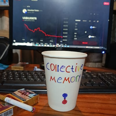 The image depicts a close-up view of a wooden desk with a computer monitor in the background displaying a financial chart with a downward trending red line. In the foreground, there is a white paper cup with the words "collective memory" written in colorful marker. A lit cigarette rests on a pack of cigarettes, also on the desk. The overall scene suggests a workspace environment. There are no visible people. The specific location of Kedung Dowo, Indonesia, is not indicated within the image itself.