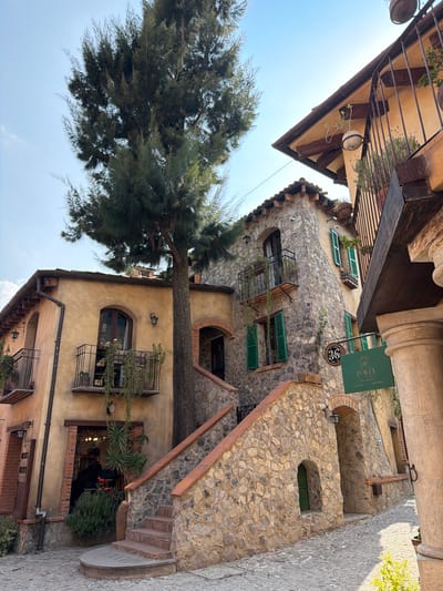 The image captures a street scene in what appears to be Domingo Arenas, Mexico, characterized by a mix of architecture and natural elements. The view is angled upwards, showcasing a combination of buildings constructed with stone and stucco. Balconies with iron railings are visible, adorned with plants and flowers. A large tree with dense foliage dominates the left side of the frame. A sign, "Porta, Hotel Boutique," hangs from a stone building, partially obscured by the angle. The scene includes a glimpse of the sky in the upper left, suggesting a sunny day. The architectural style and materials suggest a historical or preserved aesthetic. The scene captures the essence of a charming, potentially tourist-oriented location.