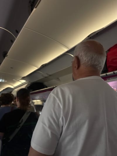 The image captures the interior of an airplane cabin from a tilted, low-angle perspective, creating a dynamic view. The primary subject is an older adult man, seen from behind, with short greyish-white hair and wearing a plain white short-sleeved t-shirt. He is positioned in the foreground, facing away from the camera and slightly downwards, suggesting he is standing or moving through the aisle.
The setting is clearly a commercial aircraft, identified by the characteristic overhead storage bins, light-colored ceiling panels with integrated lighting strips, and the general confined structure of a cabin. The lighting is artificial and somewhat dim. In the mid-ground and background, other blurry figures, likely passengers, are visible, including a person with brown hair, also seen from behind. A bright red object, possibly a jacket or bag, is visible in the upper left section, appearing to be stored in an overhead compartment or on a shelf.
The scene suggests an activity related to air travel, such as boarding, disembarking, or passengers moving within the cabin. No specific airline branding or unique identifying features of the aircraft are visible. Emotions of the individuals are not discernible from their backs. No legible text is visible within the image. While the image itself doesn't provide location cues, the external context indicates the location is Ferno, Italy.