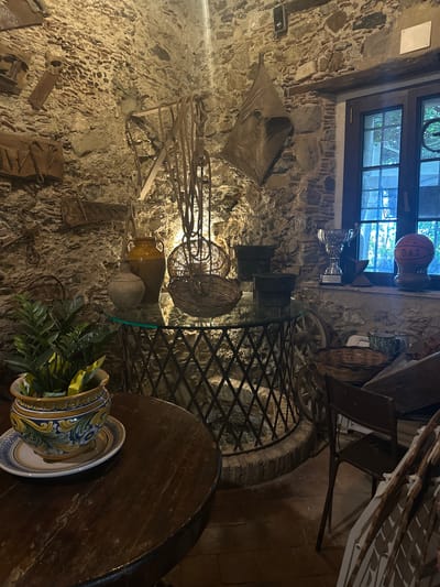 The photograph captures an interior scene in Rina, Italy, displaying a room decorated with an assortment of rustic objects. The walls are constructed of rough stone. A window is at the top of the image. A variety of items, including baskets, a glass-topped table with a metal base, and a wooden table with a plate and an ornate vase filled with greenery, are displayed. Agricultural tools and old wooden objects are hung against the stone walls. A basketball is present in the background near the window.