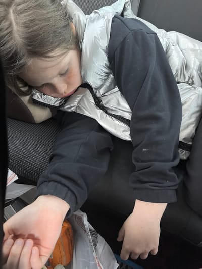 A young child is asleep in a car. The child is wearing a silver puffer vest and a black long-sleeved shirt. The child's head is resting on a pillow. The child's hand is resting on a bag of groceries. The background is a car seat.
The location is not apparent and cannot be determined from the image. There is no basis for stating that the scene is in Romashkino, Russia.
