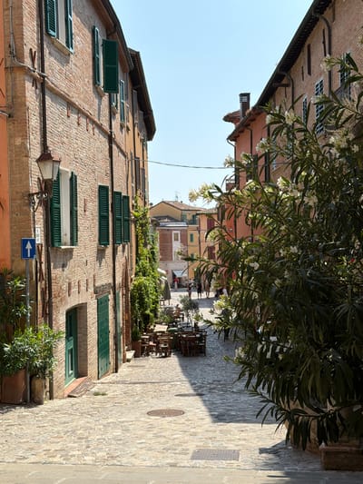 This is a street-level, eye-level shot looking down a cobblestone alleyway in Santarcangelo di Romagna, Italy. The narrow street is lined with multi-story brick buildings on both sides. The buildings feature arched doorways and windows with dark green shutters, many of which are closed. Greenery, including ivy climbing the walls and potted plants, adds a touch of nature to the urban environment. On the left side, a street lamp is mounted on the brick facade. On the right, a large flowering bush with white blossoms partially obscures the view of the buildings. In the distance, the alley opens into a wider square with outdoor seating for a cafe or restaurant. Several people are visible in the distance, walking and seated at tables. The sky is clear and blue. The scene is well-lit by sunlight, creating shadows on the cobblestones.
