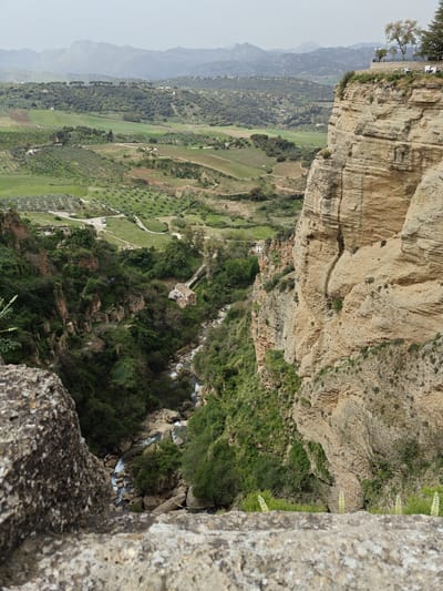 A long shot captures a verdant canyon and expansive landscape, presumably from Ronda, Spain. The rugged terrain is punctuated by a stream, its course marked by occasional white water. Buildings peek through the dense foliage along the stream's path. On the canyon's edge, a towering rock face shows layers of sedimentary rock. Across the canyon, a landscape of fields and forests unfolds, extending to distant mountains under a hazy sky. The foreground features a stone ledge, providing an immediate depth of field to the dramatic scene.