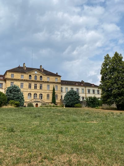 A wide shot captures a grand, pale yellow building with a red-tiled roof set against a cloudy sky. The building appears to be an estate or institution, featuring numerous windows, dormers, and decorative architectural elements. In front of the building, a neatly manicured lawn slopes gently upwards towards the structure, dotted with a few small trees and shrubs. To the right of the building, a large, mature tree with lush green foliage stands prominently. The overall scene suggests a serene and historic location, possibly in the city of Laténa, Switzerland, given the context provided.