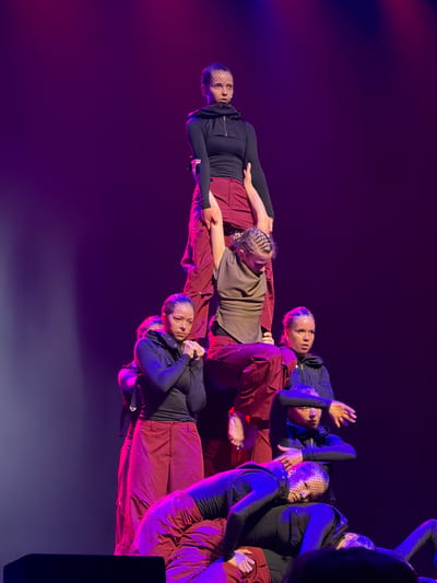 The image depicts a complex human pyramid formed by at least seven individuals performing on a dark stage in Ventspils, Latvia. The performers are illuminated by strong magenta and purple stage lighting, with a faint white light beam visible on the left. All individuals are dressed uniformly in black long-sleeved tops and loose-fitting maroon trousers. Most performers have their heads covered by a fine black mesh net, visible over their faces and hair.

At the apex of the pyramid, one female performer stands upright, wearing a black hooded top. She looks directly forward, gripping the forearms of the performer below her. This second performer, also female, wears a light brown sleeveless top and maroon trousers, and is in an inverted position, supported by the top performer and the structure beneath. Her head is down, with braided hair, and her bare feet are visible resting on the lower layers.

Below these two, a layer of performers provides support. On the left, one female, her head covered by the black mesh net, has her hands clasped at her chest and looks downwards. To her right, another female performer, also wearing the mesh net, looks towards the right. Further down and forward, another performer in a black mesh net costume is visible, positioned on their hands and knees or in a crouched stance, looking forward with arms extended.

The base of the pyramid consists of at least two individuals positioned horizontally. One is lying on her back, wearing the black mesh net, looking upwards, while another is partially visible next to her, contributing to the foundational support of the human structure. A dark, rectangular stage monitor is partially visible in the bottom left corner of the frame.
