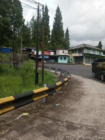 A roadside view featuring a black and yellow striped guardrail in the foreground. Beyond the rail, lush green vegetation and tall evergreen trees rise against an overcast sky. Across the road, modest commercial buildings are visible, including a two-story structure with a green facade. A black truck partially enters the frame on the right, suggesting active traffic. Power lines traverse the scene overhead.