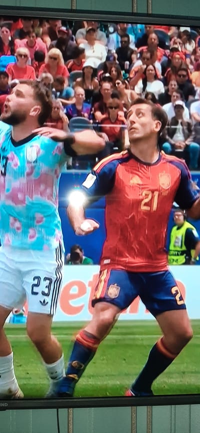 Two male soccer players are shown on a green field. The player on the left is wearing a light blue jersey with a pink floral pattern and white shorts with black stripes. He has the number 23 on his shorts. The player on the right is wearing a red jersey with blue sleeves and blue shorts. He has the number 21 on his jersey. Both players appear to be looking upwards. In the background, a crowd of spectators is visible in tiered seating. Some spectators are wearing red shirts. There are also security personnel in the background, one in a bright green vest. The image appears to be taken from a screen displaying a soccer match. The scene is set in Mednoye-Vlasovo, Russia.