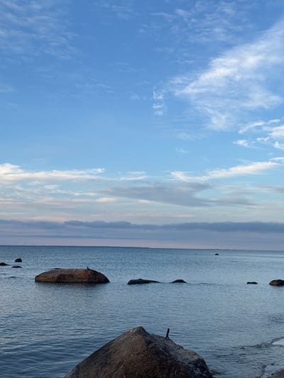 The image depicts a serene seascape with a calm, blue ocean stretching towards the horizon under a sky filled with scattered white and grey clouds. Several large, dark rocks are partially submerged in the water, with some breaking the surface. One prominent rock in the mid-ground has a small dark object, possibly a bird or a piece of debris, on its surface. The foreground features a large, rough-textured rock, angled towards the viewer, with smaller rocks visible on the right side, suggesting a rocky shoreline. The lighting suggests either early morning or late evening. This scene is characteristic of the coastal landscape in Rohuneeme, Estonia, known for its rocky shores and tranquil Baltic Sea views.