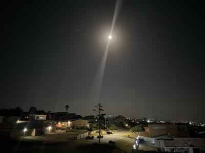 A nighttime scene showcases a residential area under a moonlit sky. Houses with illuminated windows and outdoor lights dot the landscape. A bright moon shines with a strong light pillar. A tall agave plant stands prominently in the foreground. The street curves gently through the neighborhood, leading towards a distant cityscape with twinkling lights.