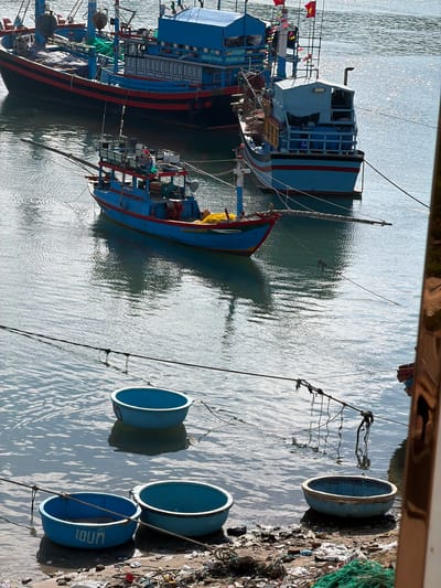 The image presents a vibrant scene at a fishing harbor in Ninh Chu Ward, Vietnam, viewed from an elevated vantage point. The calm water, dappled with bright sunlight reflections, is central to the composition.

The main subjects are several traditional Vietnamese fishing boats and basket boats. On the left, two large, blue wooden fishing vessels with red stripes are prominent. One of these boats displays multiple Vietnamese flags and colorful bunting along its railings, and its deck shows signs of fishing equipment. Another smaller, blue fishing boat is also visible, with "QC-0000-YS" partially legible on its hull.

To the right, several light blue, circular basket boats (thuyền thúng) are either floating on the water or pulled ashore. Their distinctive round shape is clearly visible, and one basket boat on the far right has "10U1N" painted in white on its interior. The shoreline is a narrow strip of muddy ground, littered with discarded nets, plastic, and general debris, indicating a working coastal environment.

The time of day is daytime, likely morning or late afternoon, characterized by strong, glinting sunlight reflecting off the water. The weather appears clear and sunny. No people are visible, but the presence of numerous fishing vessels suggests ongoing maritime activity in the area.