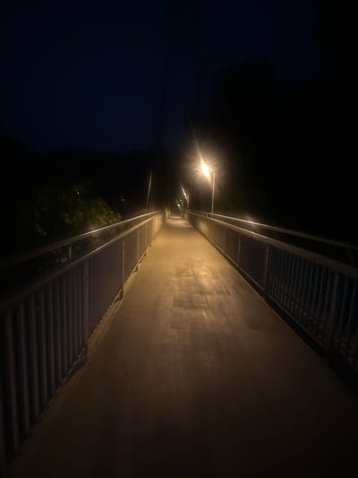 The image depicts an illuminated pedestrian bridge at night. The bridge has metal railings on both sides and a light-colored pathway that appears to be slightly damp, reflecting the light from overhead lamps. Trees and dark foliage are visible beyond the railings on the left side of the bridge, silhouetted against the dark night sky. A single streetlamp, emitting a bright, warm light, is visible on the right side of the bridge, contributing to the illumination of the pathway. The perspective suggests the viewer is standing on the bridge, looking forward along its length. The scene is devoid of any people or activity. The location is identified as Ludwigsburg, Germany.