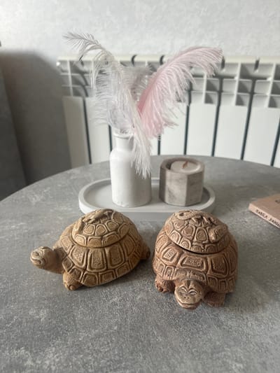 The image shows a close-up of two decorative ceramic turtle figurines with hinged lids on a grey, textured surface, possibly a table. The figurine on the left is facing left with its head slightly turned towards the viewer. The figurine on the right is facing forward with a smiling expression. Both turtles have detailed shells. In the background, a white vase holds a few white and pink feathers. Next to the vase is a hexagonal concrete candle holder with a lit candle. A book with Cyrillic text is visible on the right side of the frame. The background also shows a white radiator and a wall with a textured finish. The setting appears to be an indoor domestic environment. The image does not provide any information about Lyudinovo, Russia.