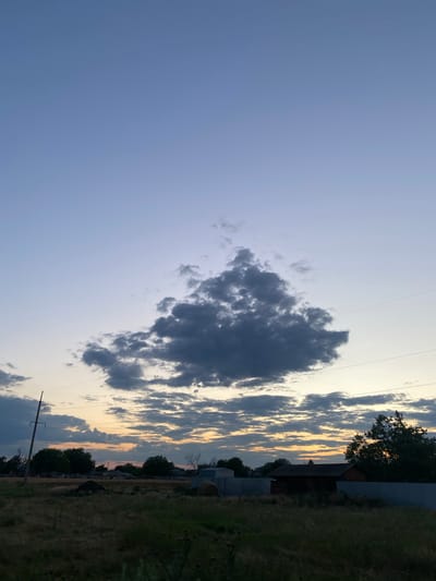 The image depicts a rural landscape under a dusky sky, potentially near the city of Taganrog, Russia. The sky is a gradient of pale blue to a lighter hue near the horizon, with scattered clouds. A prominent, dark grey cloud is centrally located in the upper portion of the sky. The horizon line is occupied by silhouetted trees, a power pole with wires, and some low-lying structures that appear to be buildings or sheds. In the foreground, a field of dry grass and vegetation suggests a rural or undeveloped area. The overall lighting indicates either dawn or dusk. There are no people or animals visible in the frame.