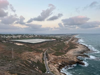 This is an aerial, wide-angle shot of a coastal landscape in the Mate Asher Regional Council, Israel. The scene is captured during the late afternoon or early evening, indicated by the soft light and pastel hues in the sky.
The foreground features a rugged, rocky coastline meeting the turbulent sea. Waves crash against the shore, creating white foam. A narrow, winding asphalt road runs along the cliff edge, with several cars parked or driving on it. The terrain inland from the road is covered in dry brush and sparse vegetation, with some larger rock formations visible. A tall, metal utility pole stands prominently on a hill in the mid-ground.
Further inland, a large greenhouse complex with white roofing dominates a significant portion of the landscape. Beyond the greenhouse, a scattering of buildings, possibly part of a town or village, are visible. Trees and other vegetation dot the area between the structures. In the far distance, the coastline stretches out towards the horizon, with a hazy urban or semi-urban development visible along the shore. The sky above is filled with a mix of light and dark clouds, with a gradient of pale blue to soft pinks and oranges.