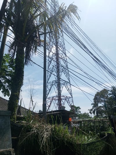 The image depicts a static outdoor scene in Beteng_Pangkhar_Somthrang, Bhutan, under bright daylight with a blue sky and scattered white clouds. The primary subject is a tall, grey metallic lattice tower, likely for telecommunications or power transmission, positioned prominently in the mid-to-background, with the sun causing glare behind it. Numerous black utility cables crisscross the upper portion of the frame, originating from multiple utility poles visible in the midground.
In the foreground, dense, unkempt green vegetation and tall grasses are present. To the left, a large palm tree, heavily adorned with vines or epiphytes, stands next to a utility pole. Further right, below the utility cables, are visible sections of residential rooftops, some featuring what appear to be ventilation caps or small antennas. A wooden trellis or support structure is observed on the right side of the midground, from which an orange bucket hangs. No individuals are visible. The overall environment suggests a semi-urban or rural setting with mixed infrastructure and natural elements.