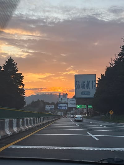 The image captures a sunrise over La Marquesa, Mexico, a nature park located in the State of Mexico. The sky is ablaze with hues of orange and yellow, indicating the early morning hours. The foreground shows a highway with clear lane markings and a concrete barrier on the left, suggesting vehicular traffic. Several billboards are visible along the highway, advertising businesses and phone numbers. Tall, dark green trees line the right side of the highway, contrasting with the bright sky. In the distance, a misty forest covers rolling hills, characteristic of La Marquesa's natural landscape. The overall scene conveys a sense of journey and the beauty of a new day breaking.