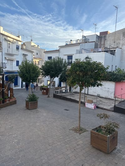 A pedestrianized square in Calella De Palafrugell, Spain, is depicted under a partly cloudy blue sky. The scene is framed by multi-story white buildings featuring traditional Mediterranean architectural elements, including balconies with white railings and louvered shutters, some blue and others white. Rooftops display multiple television antennas and air conditioning units. The ground is uniformly paved with grey rectangular pavers.
Four individuals are observed walking across the square from left to right in the mid-ground: an adult leading, followed by a child, and then two additional adults.
Vegetation consists of several small, round-canopied trees, some planted directly in the ground, and others contained within large square wooden planters. Smaller bushy plants are also present in planters and along building walls. Street furniture includes wooden benches with metal frames positioned along the right side of the square and two wooden waste receptacles near the center-left. On the right, adjacent to a slightly elevated concrete platform, a stack of white and red packaged materials is placed on the pavement, accompanied by a single brown cardboard box. A bright pink door or shutter is visible on a white building wall towards the right side of the image.
