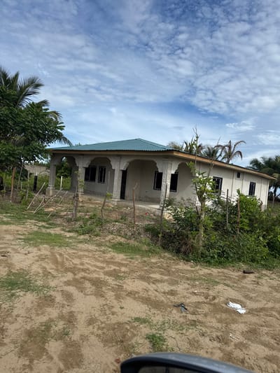 The image displays a single-story residence situated on an unpaved sandy road in what appears to be a developing area of Tela, Honduras. The house features a light-colored, unpainted exterior with a light teal/green corrugated metal roof. A covered porch extends along the front facade, supported by at least five ornate, fluted columns with decorative capitals and bases. Multiple rectangular window openings are fitted with dark security grates or bars. The immediate foreground consists of a sandy dirt path with sparse green vegetation. A rudimentary fence, constructed from thin wooden posts and horizontal elements, delineates the property line. Overgrown green vegetation, including small trees and shrubs, is visible around the fence and the house. A dark object, possibly footwear, and a crumpled white item are present on the sandy ground in the foreground. The background shows additional tropical foliage, including palm trees, under a partly cloudy blue sky. No individuals are depicted.