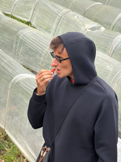 A person wearing a dark hooded sweatshirt stands among rows of plastic greenhouse tunnels, angled toward the viewer. The individual is fair-skinned with dark hair and glasses, holding a small, red strawberry to their mouth. They are wearing a ring on their left hand. A black strap crosses their chest, attached to a small bag. Some green grass is visible in the lower right of the frame.