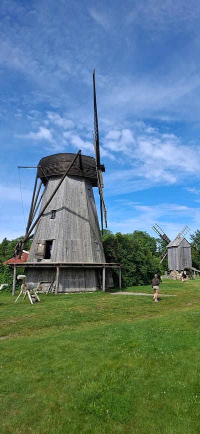 The image depicts the Angla Windmill complex in Estonia on a clear, blue, cloudy day. In the foreground, a large, weathered wooden windmill stands prominently, its sails angled upwards. A smaller, similar windmill is visible in the background, nestled amongst lush green trees. A paved pathway leads towards the smaller windmill, and a grassy field surrounds the structures. Two individuals are present; one person, wearing a green top and brown shorts, walks on the pathway, while another, in dark clothing, is seen walking with a third person in the distance near the smaller windmill.