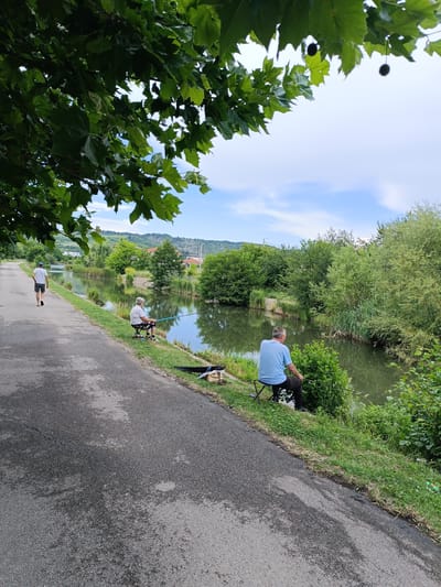 The image depicts a serene outdoor scene by a canal, likely in Târgu Jiu, Romania. Two individuals are engaged in fishing on the grassy bank of the canal. In the foreground, a person wearing a blue t-shirt and dark pants sits on a portable stool, holding a fishing rod. Further down the path, another person, dressed in a white t-shirt and shorts, walks away from the viewer on an asphalt path. They are surrounded by lush greenery, including trees and reeds lining the canal. The water of the canal is calm and reflects the surrounding vegetation and the cloudy sky. In the background, houses and rolling hills are visible, suggesting a semi-rural or suburban setting. The overall atmosphere is peaceful and suggests a pleasant day for outdoor recreation. The time of day appears to be late afternoon, given the lighting. There is no visible text in the image.