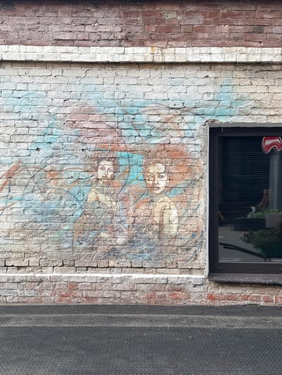 The image shows a section of an exterior brick wall with graffiti art on it. The graffiti depicts two faces with detailed features, rendered in shades of brown, blue, and pink. To the right of the graffiti is a dark-framed window with horizontal blinds. The lower portion of the image shows a textured dark gray surface, likely a pavement or ground covering. The brick wall itself exhibits signs of age and weathering, with a band of white painted bricks separating the upper and lower sections of red bricks. The overall scene is an urban environment, likely an outdoor wall in Zhabkino, Russia.