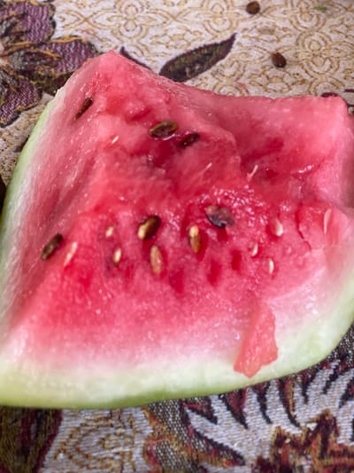 A slice of watermelon rests on a patterned fabric. The watermelon slice is triangular with a green rind and bright pink flesh, speckled with brown and white seeds. The fabric beneath is a tapestry-like material with intricate designs in shades of brown, red, and gold. The image is a close-up shot, focusing on the texture and details of the fruit and fabric. There is no indication of the city of Кызыл-Тоо, Kyrgyzstan in the image itself.