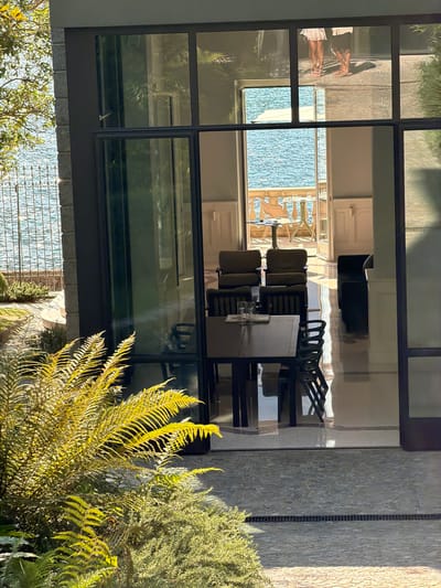 The image shows a view through a large glass window of a modern building located in Pognana Lario, Italy. In the foreground, lush green ferns are illuminated by sunlight. Beyond the ferns, a stone patio with a drain grate is visible. The interior of the building features a contemporary dining area with a dark rectangular table, several chairs, and a set of glasses. Two large armchairs are also present in the room. Through an open doorway, a balcony overlooks a body of water, likely Lake Como, with a table and chairs on the balcony. Two individuals, partially visible, are standing on a stone terrace in the distance, seen through the reflection in the glass. The architecture suggests a luxurious lakeside residence.