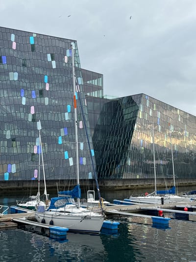 The image shows a view of the Harpa Concert Hall in Reykjavík, Iceland, alongside a harbor with several docked sailboats. The architectural design of Harpa is distinctive, featuring a honeycomb-like structure of glass panels with various colors and reflective surfaces. The sailboats are arranged along a pier, and the water in the harbor reflects the surrounding environment. The sky is overcast, suggesting a cloudy or potentially rainy day. A bird is flying near the top left of the image.