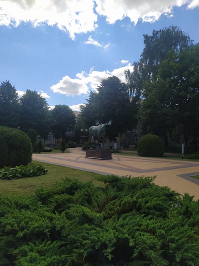 The image captures a serene outdoor scene with a clear blue sky dotted with fluffy white clouds. Lush green trees and manicured bushes dominate the foreground and middle ground. A paved pathway, possibly in a park or public square, is visible, with geometric patterns of light and dark yellow or beige tiles.
In the middle distance, a bronze sculpture of a bull stands on a pedestal. The sculpture is detailed and appears to be a significant landmark. Behind the sculpture, buildings with multiple windows are visible, suggesting an urban or semi-urban setting.
The overall impression is one of a pleasant day, likely in the late morning or early afternoon given the bright sunlight casting shadows. The weather appears to be fair and warm, ideal for outdoor activities. The presence of trees, well-kept greenery, and a public walkway suggests a well-maintained public space.
The location is identified as Gusev, Russia. While no specific activity is depicted, the scene conveys a sense of peace and tranquility. The focus is on the natural elements, the architectural details of the pathway, and the central sculpture. No visible text is present in the image.